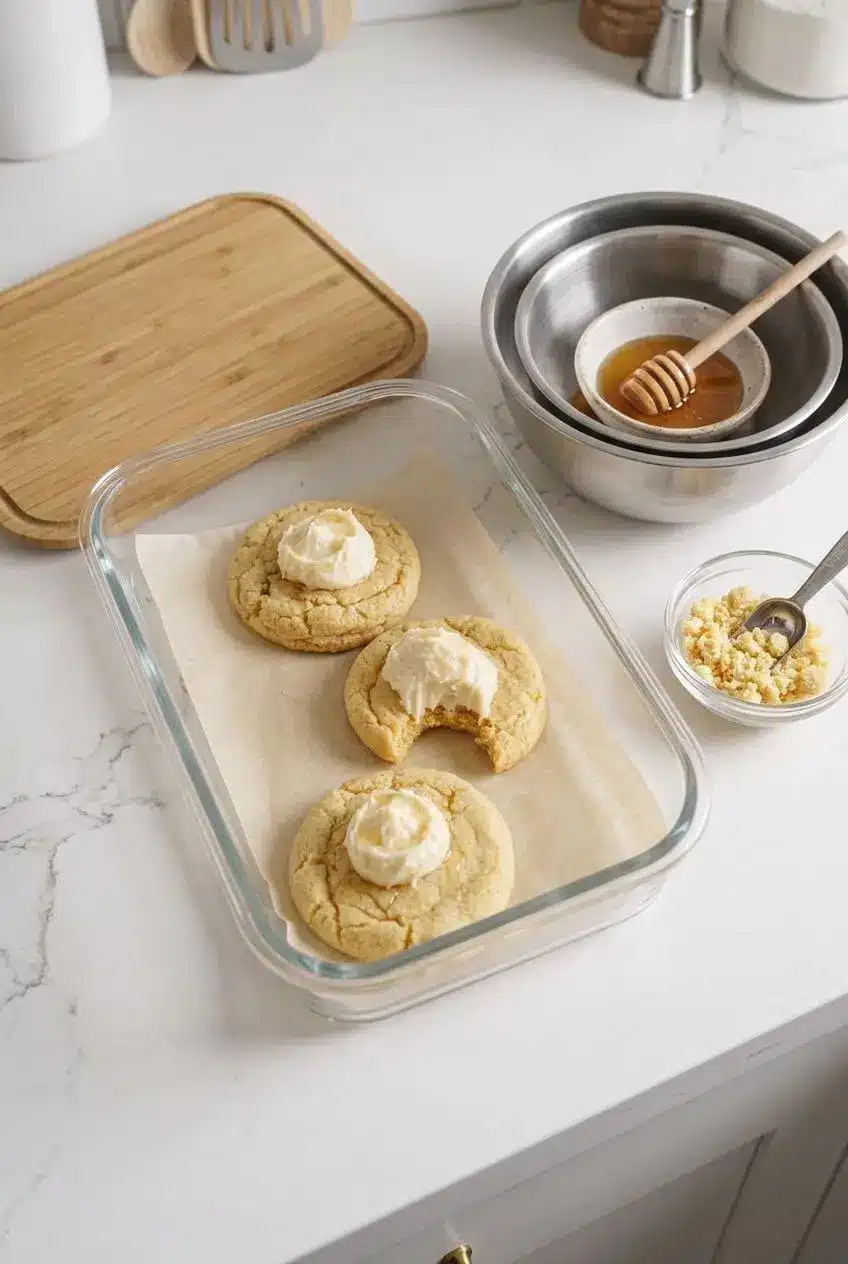 Three frosted cornbread cookies arranged in a single layer inside a parchment-lined glass storage container.