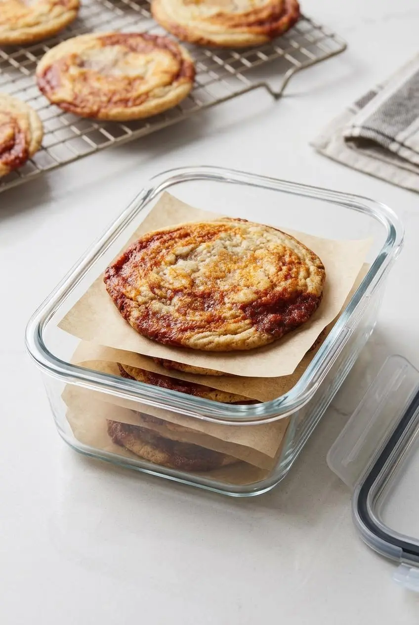 Cooled marbled cookies layered between parchment paper in a rectangular glass airtight container.