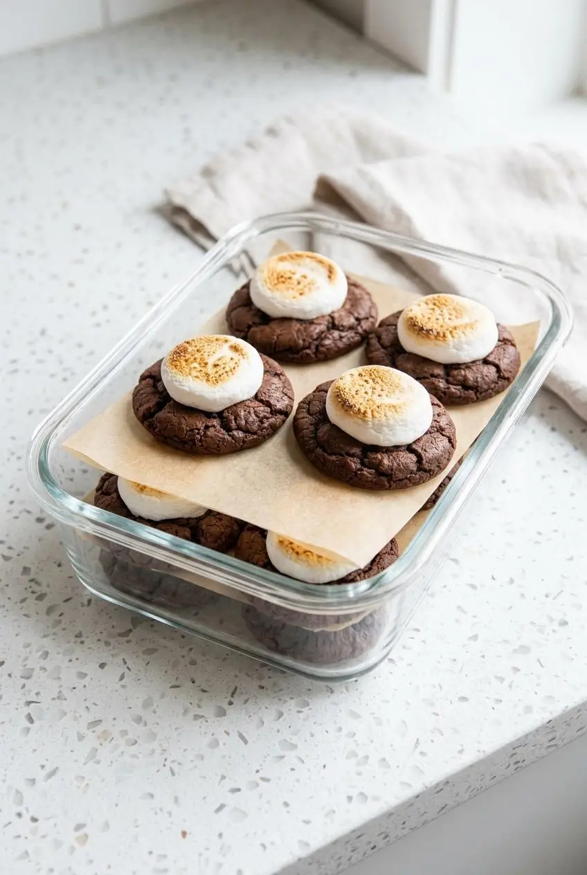 Cooled chocolate cookies layered inside a glass storage container separated by parchment paper.