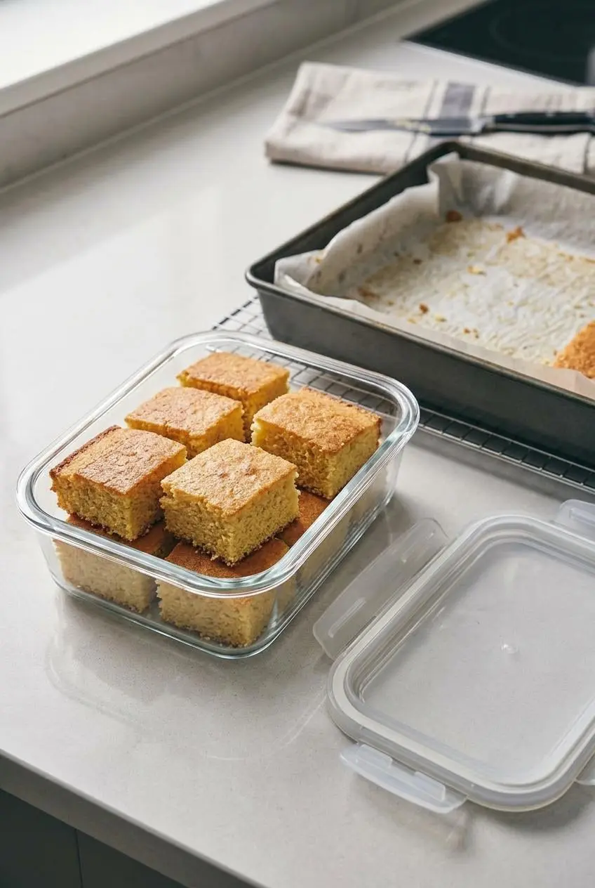 Cooled plain squares of golden vanilla sponge cake arranged inside a clear glass airtight storage container