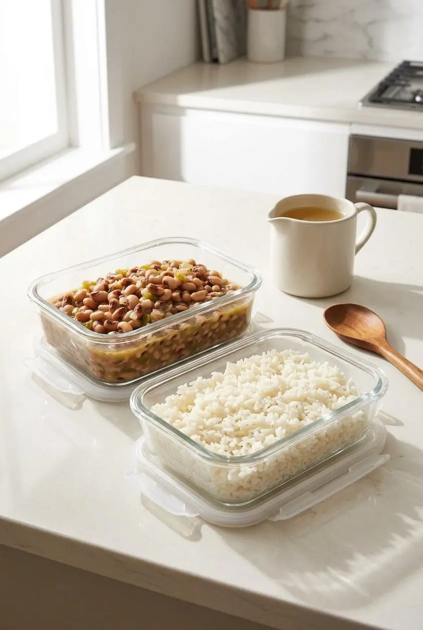 Glass storage containers holding leftover Hoppin’ John peas and rice separately.