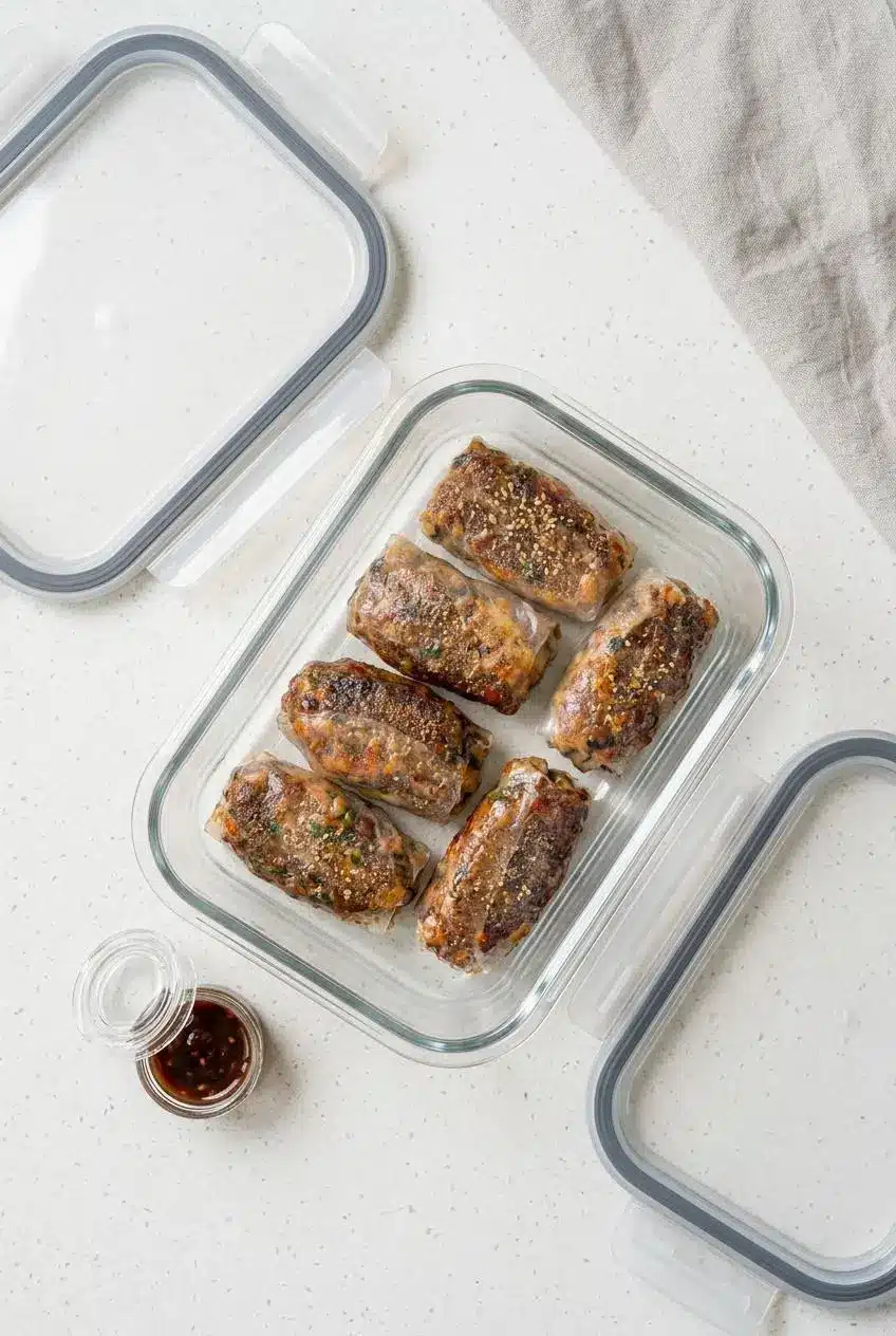 Leftover cooked dumplings placed in a single layer in a glass container with dipping sauce on the side.