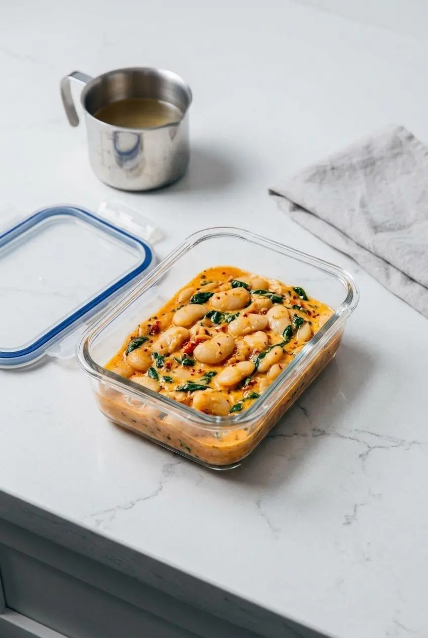 Marry me butter beans packed in a glass meal prep container next to a pitcher of broth.