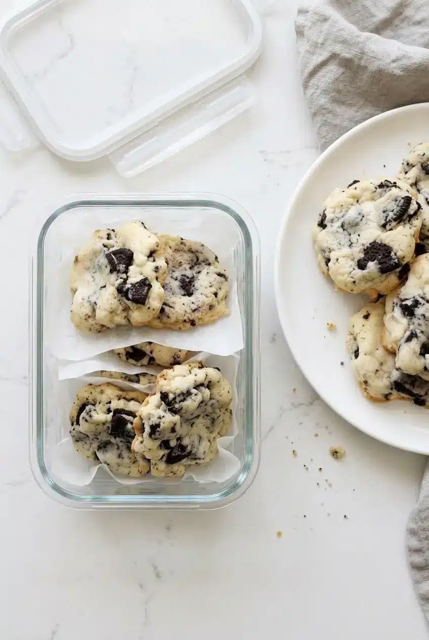 Overhead view of cooled Oreo cheesecake cookies stacked in a glass airtight container with parchment paper between layers