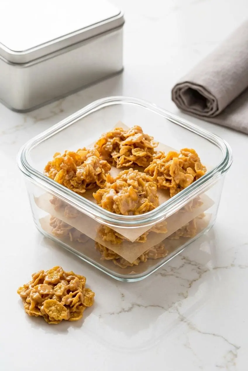 Glass container storing peanut butter cornflake cookies separated by sheets of parchment paper.