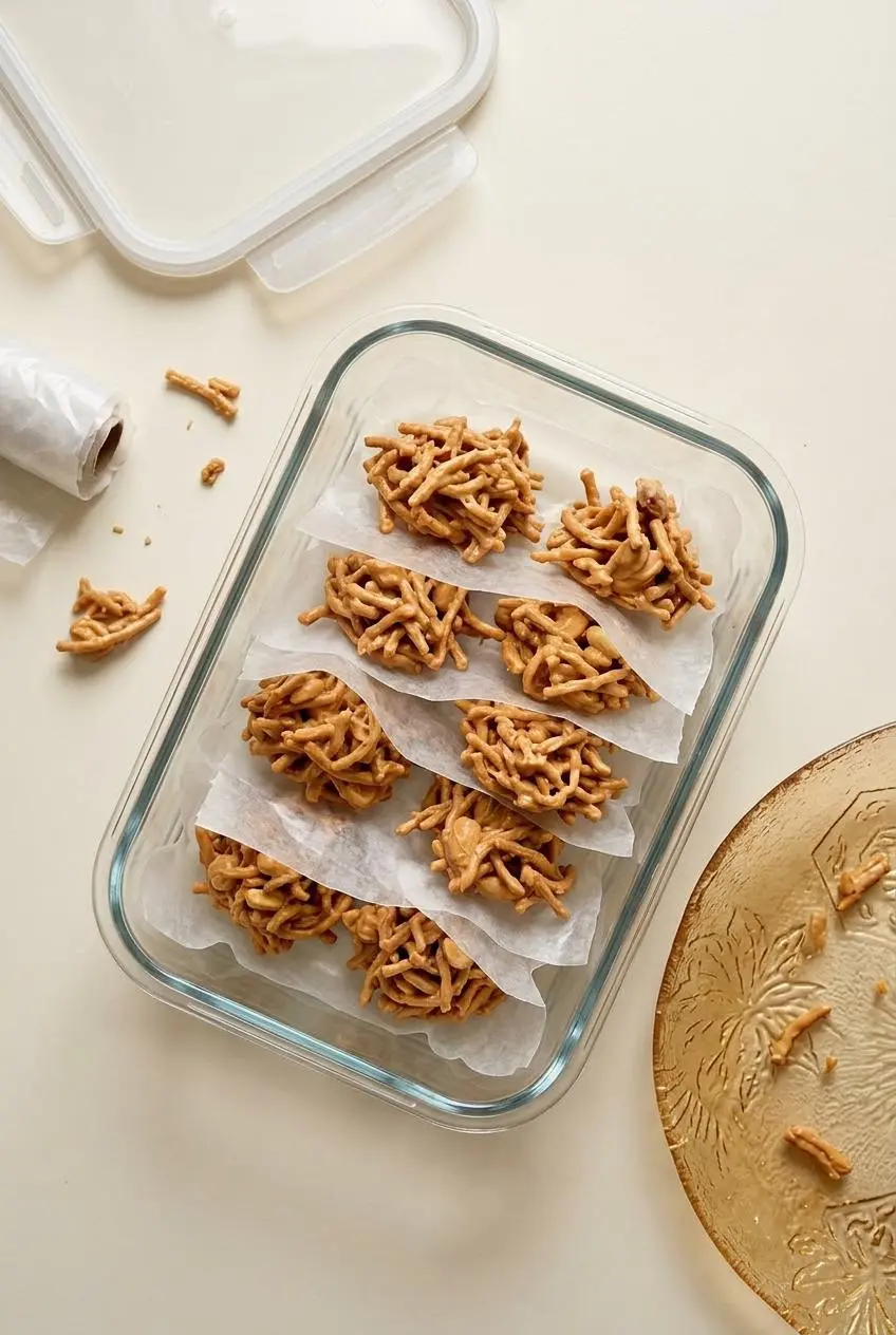 Overhead view of firm haystack clusters layered with wax paper inside a deep clear glass airtight container.