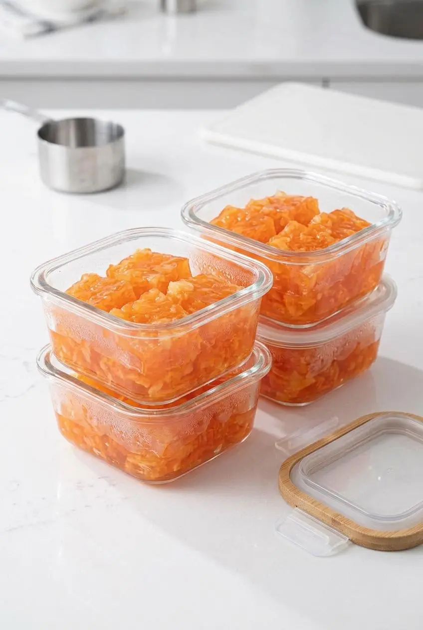 Portioned squares of pineapple carrot jello salad stored in a chilled glass meal prep container.
