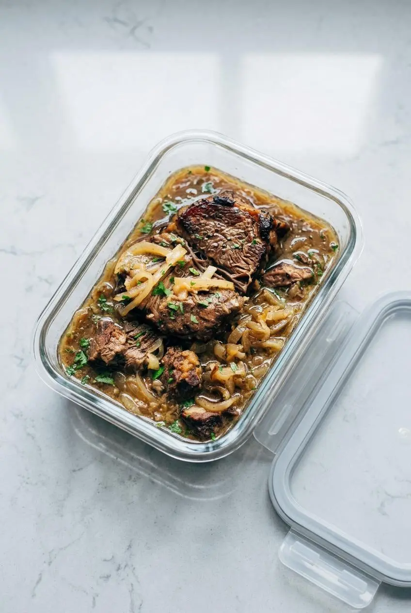 Glass meal prep container filled with pot roast chunks submerged in French onion gravy for storage.