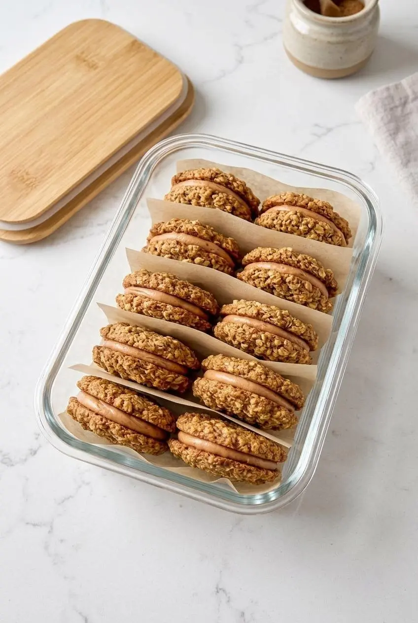 Pumpkin oatmeal cream pies layered between parchment paper sheets inside an airtight glass container.