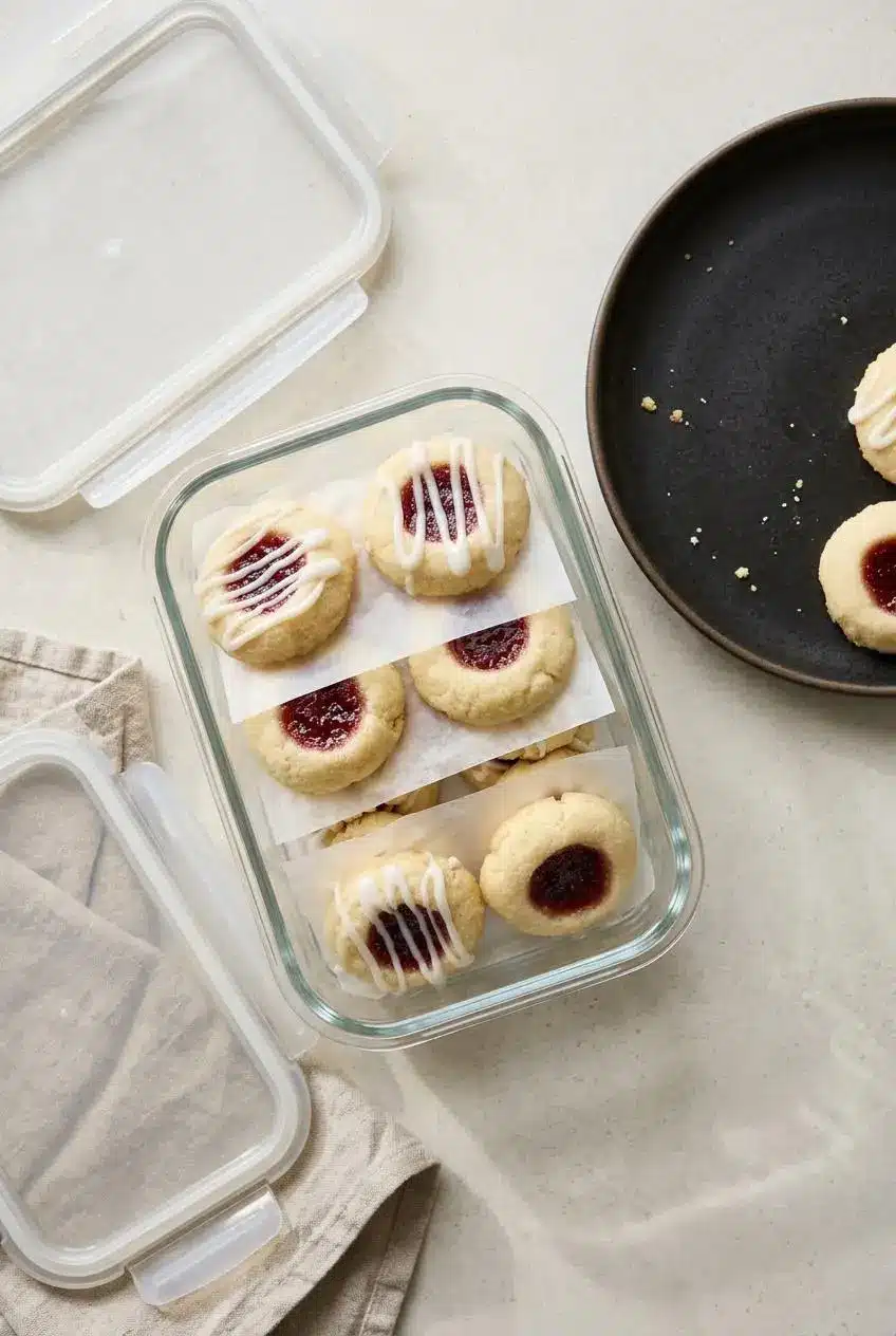 Cooled thumbprint cookies layered with wax paper inside a clear glass airtight storage container