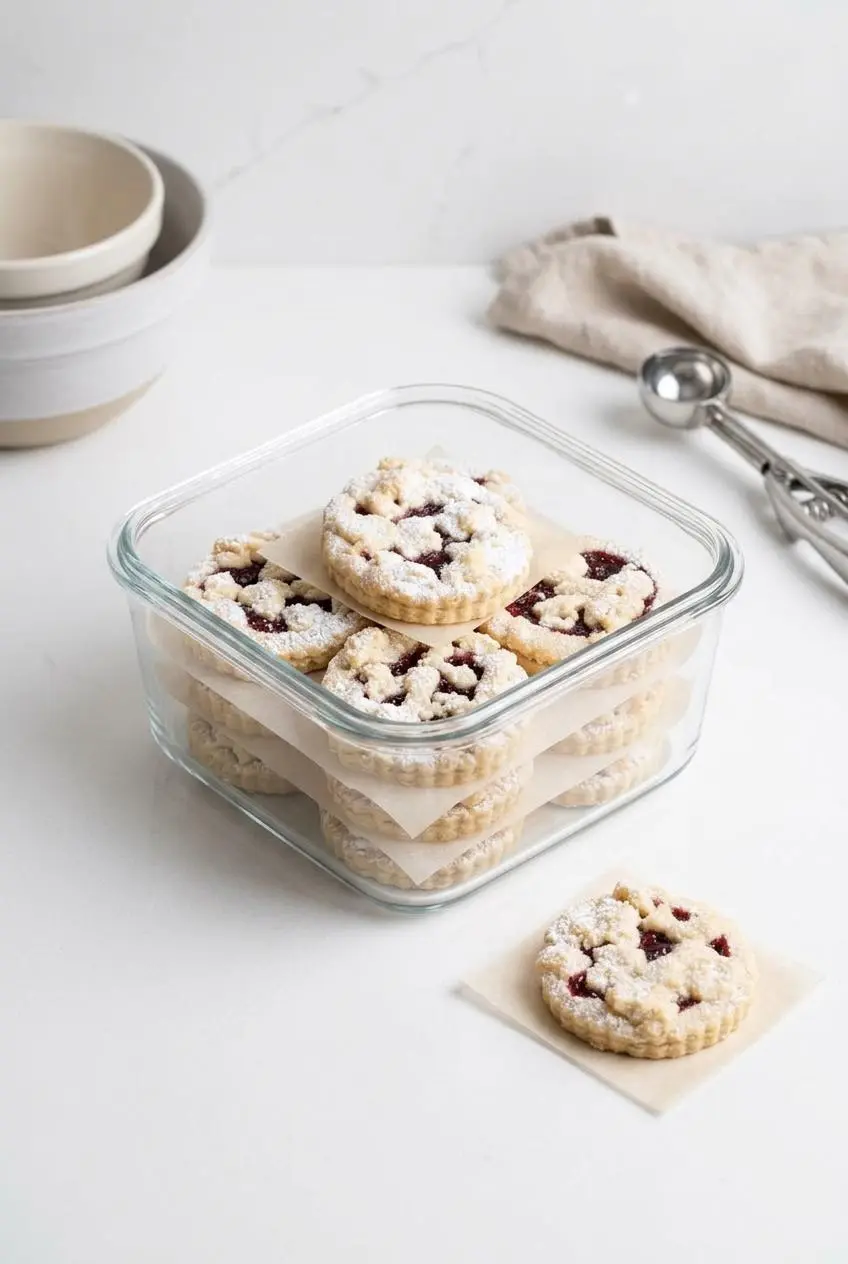 Raspberry crumble cookies stacked neatly between sheets of parchment paper inside an airtight glass container.