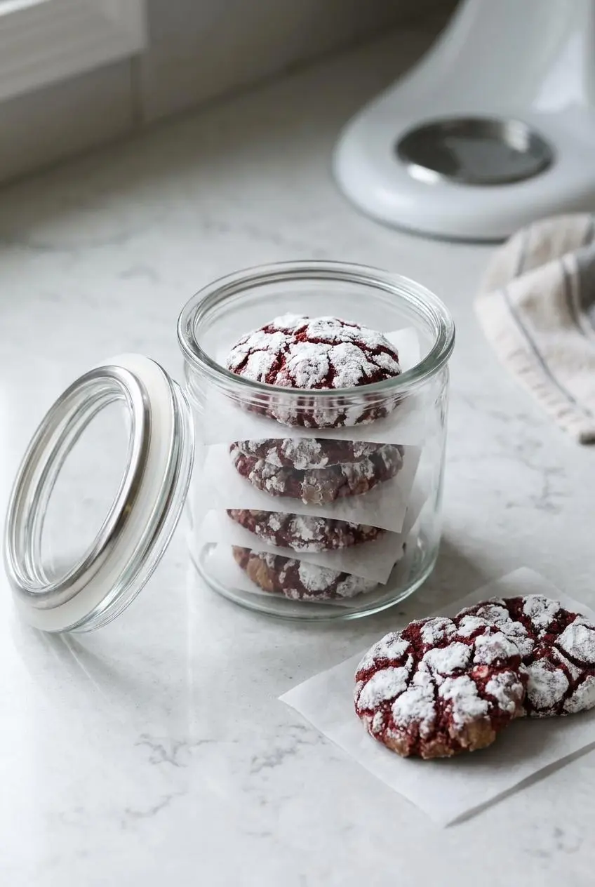 Red velvet crinkle cookies stacked between parchment paper sheets inside an airtight glass storage container.