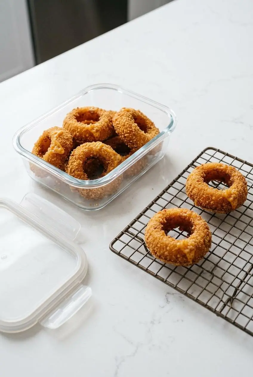 Cooked cheeseburger onion rings in a shallow glass storage container next to two rings on a wire rack