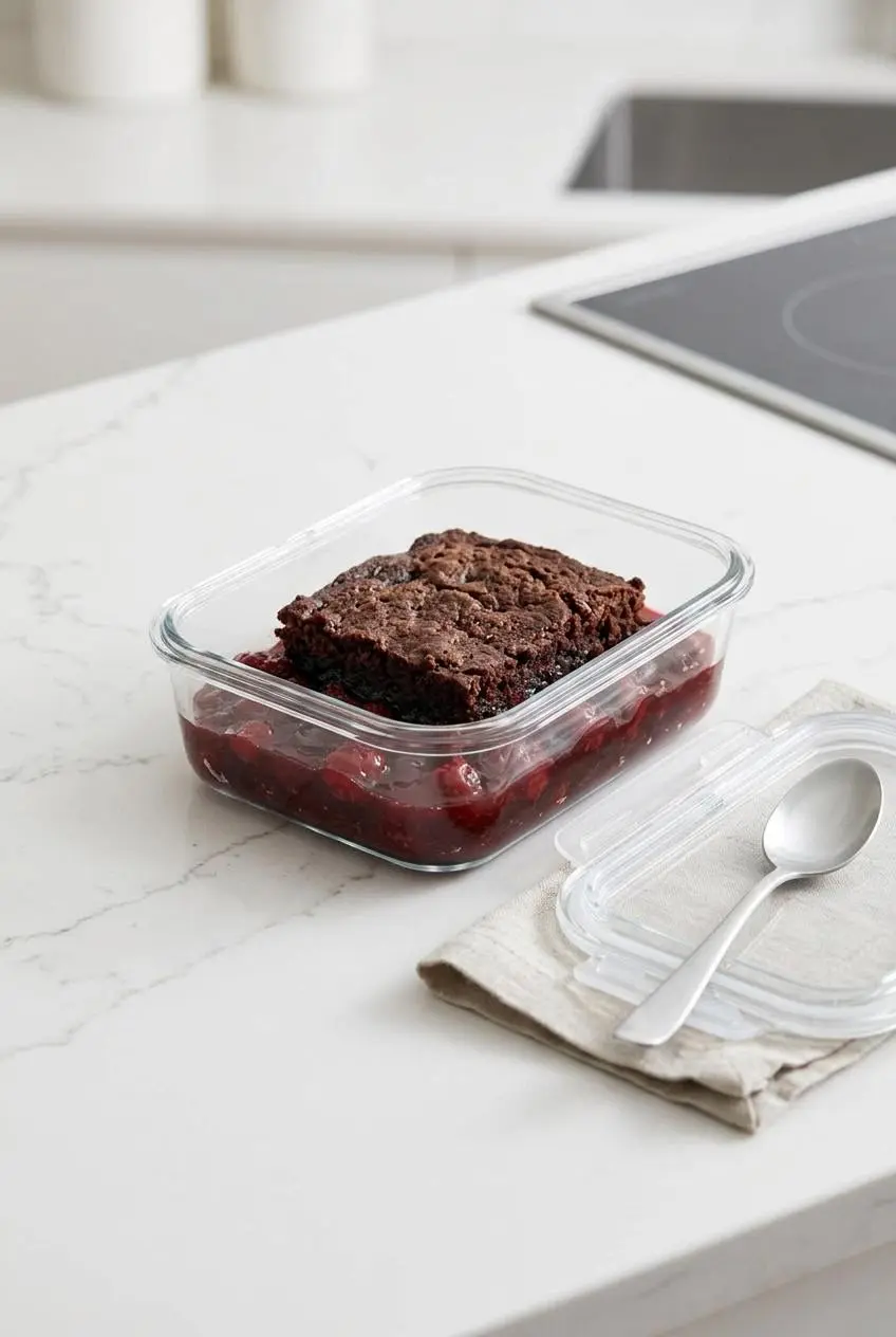 Chilled portion of chocolate cherry dump cake stored inside a clear glass container with a lid nearby.