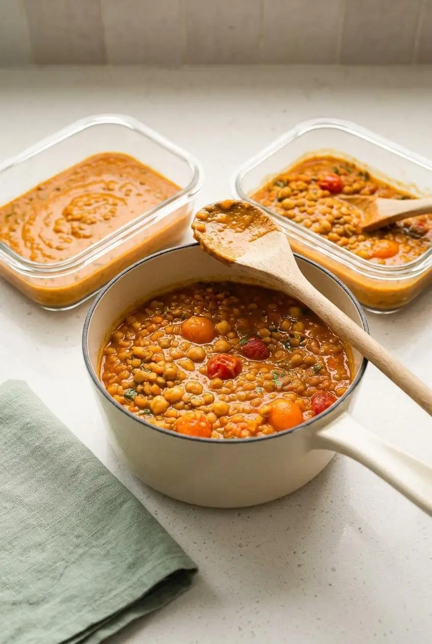 Leftover coconut lentil curry in a glass storage container and a small saucepan ready for gentle reheating.