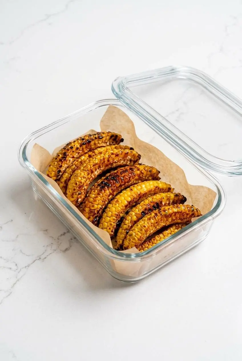 Cooked corn ribs arranged in a parchment-lined glass storage container for meal prep and reheating.
