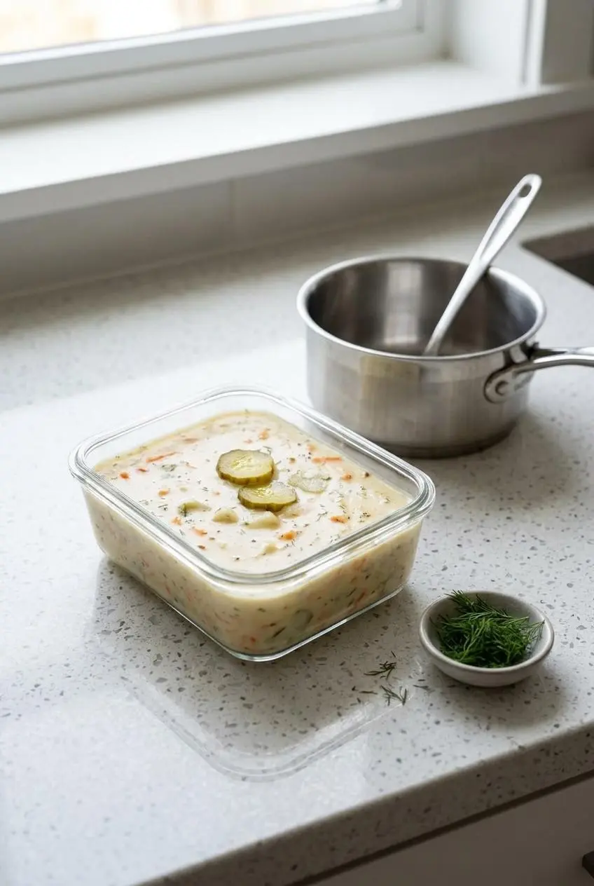 Chilled dill pickle soup in a glass food storage container next to a small saucepan.