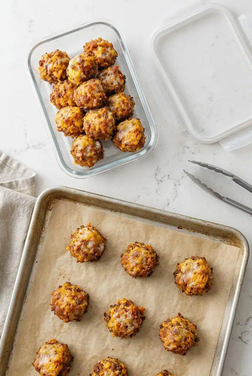 Cooled sausage hash brown bites in a glass storage container next to bites spaced on a parchment-lined sheet pan.