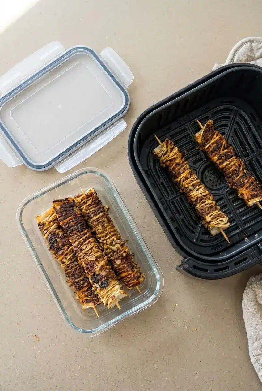 Cooked tortilla stack skewers arranged in a single layer in a glass storage container and an air-fryer basket.