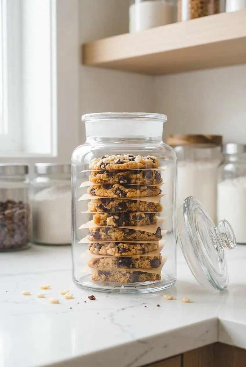 Rice krispie chocolate chip cookies layered with parchment paper inside an airtight glass storage canister.