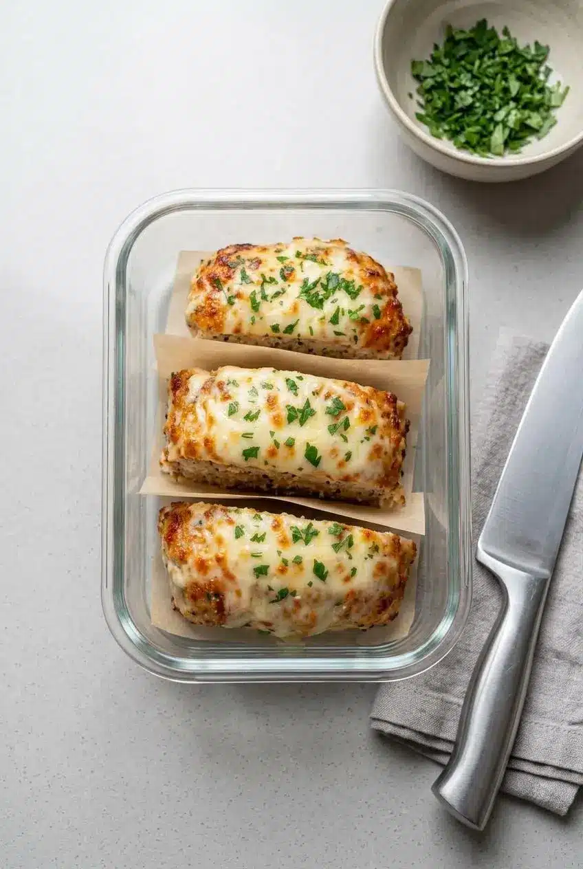 Slices of cooked chicken meatloaf separated by parchment paper inside a clear glass meal prep container.
