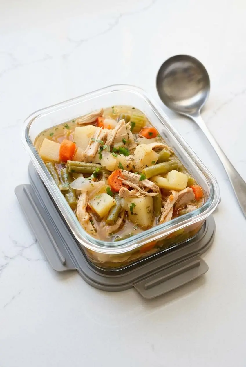 Slow cooker chicken stew portioned into a clear glass meal prep storage container on a kitchen counter.