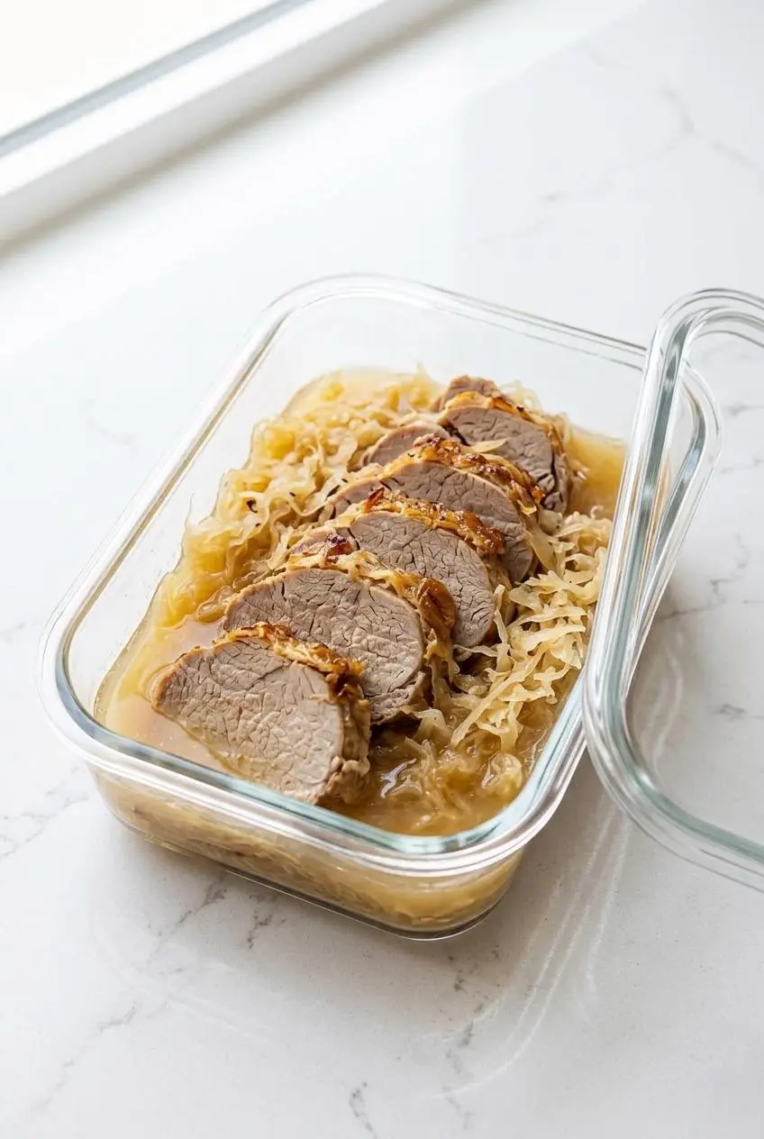 Sliced cooked pork tenderloin stored submerged in sauerkraut broth inside a clear glass container.