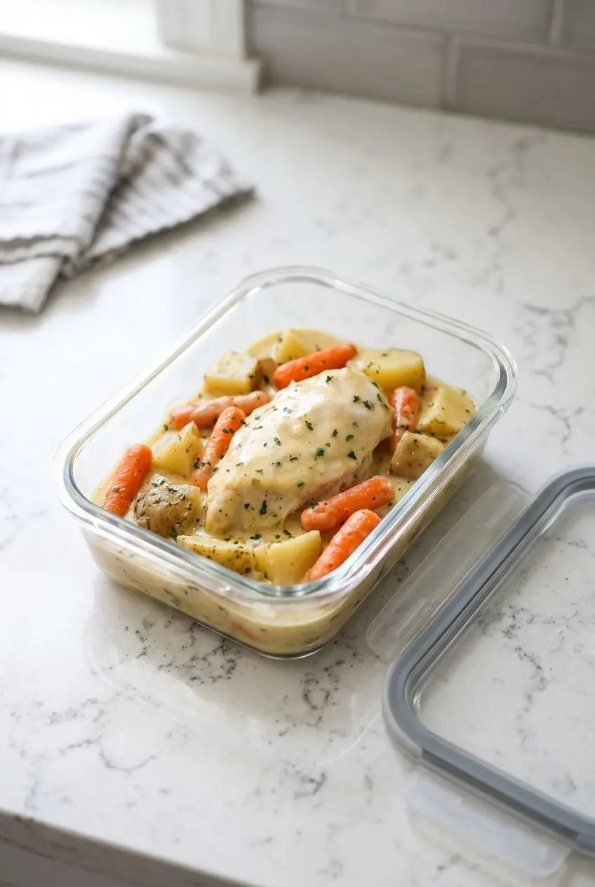Cooked chicken breast, potatoes, and carrots stored in creamy sauce inside a glass meal prep container.