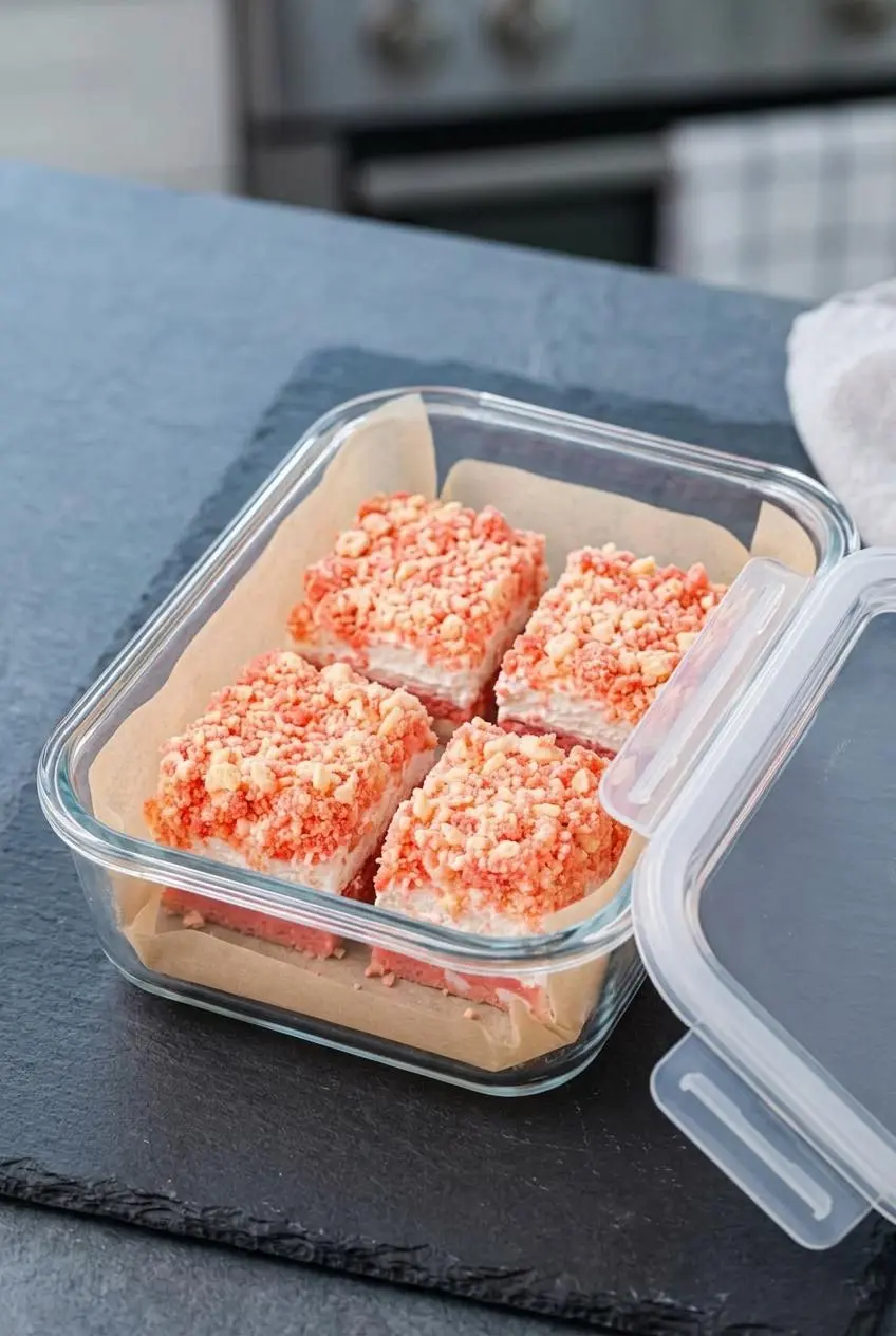 Four strawberry crunch brownie squares stored in a single layer inside a parchment-lined glass airtight container.