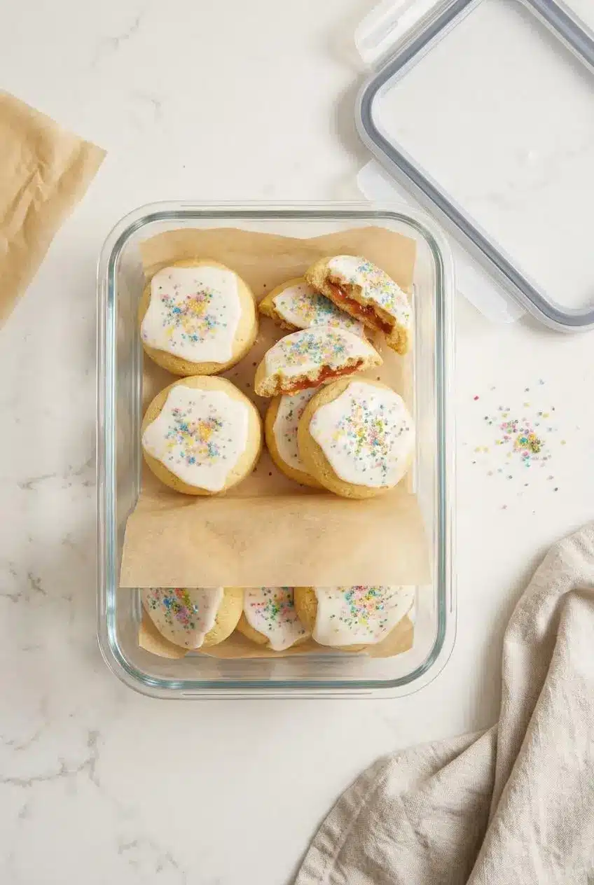 Cooled strawberry pop tart cookies stored in a glass airtight container with parchment paper between layers