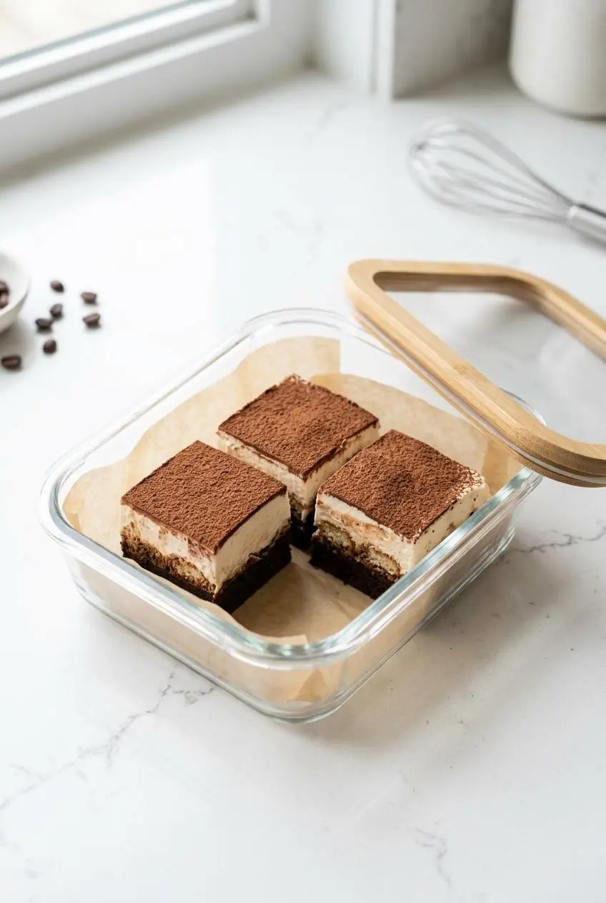 Four chilled tiramisu brownie squares stored in a parchment-lined glass container.