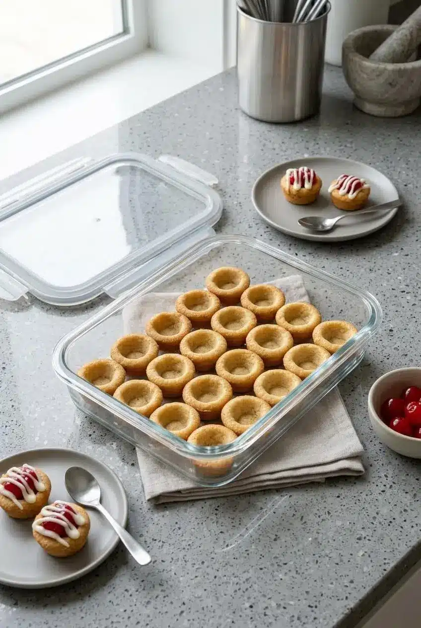 Baked unfilled cookie cups arranged in a single layer inside a glass food storage container.
