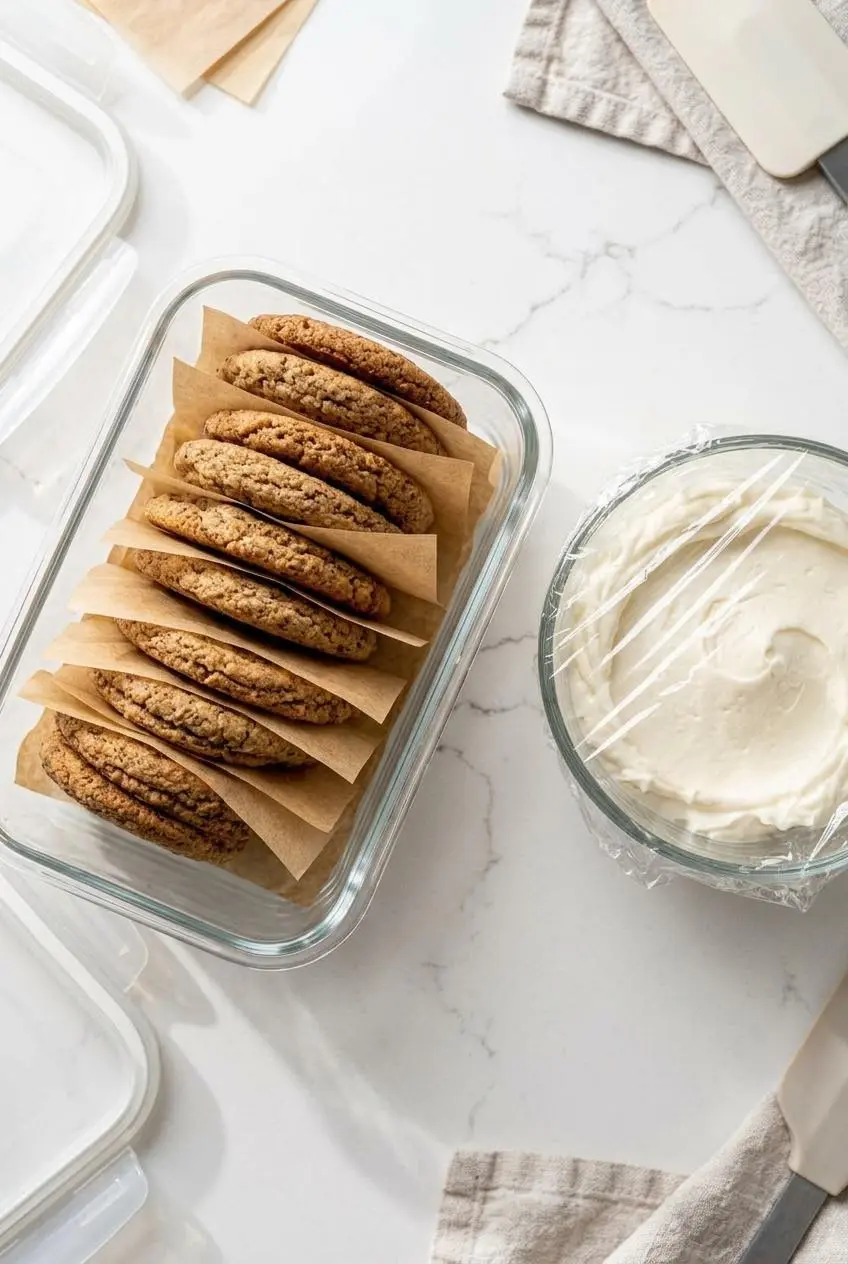 Unfrosted espresso cookies layered with parchment in a glass container next to a covered bowl of whipped mascarpone cream