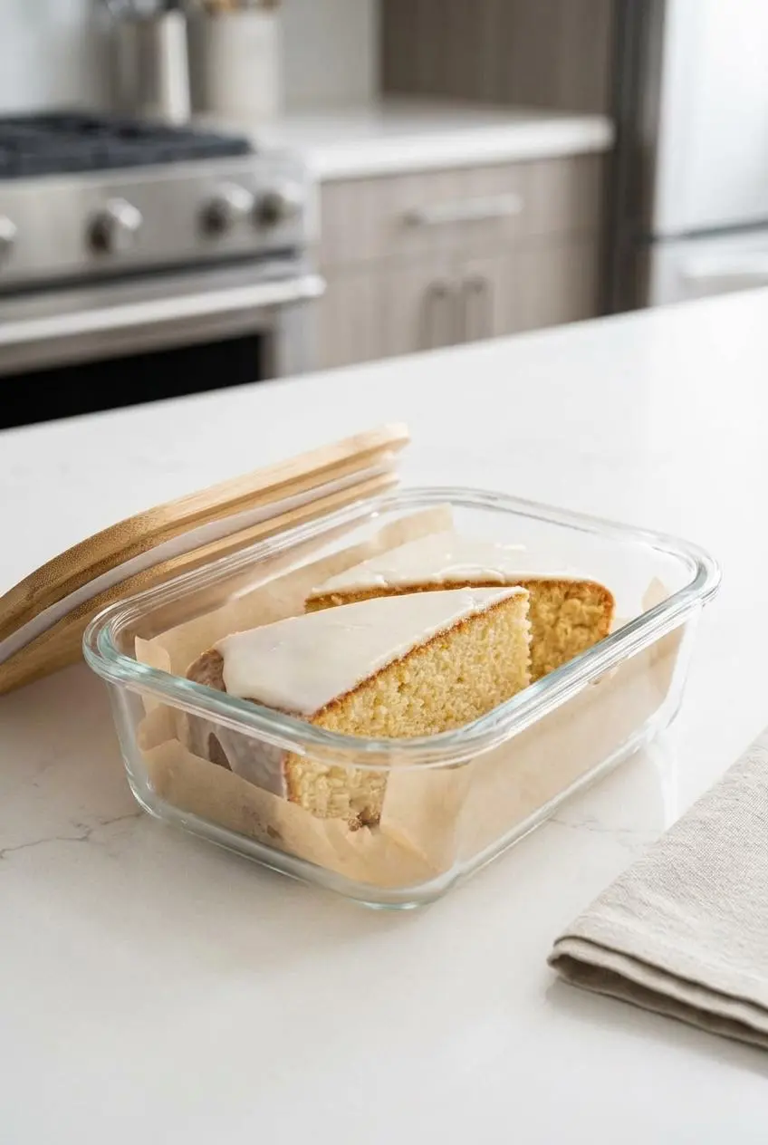 Two slices of glazed Vasilopita arranged in a parchment-lined glass container on a bright counter.