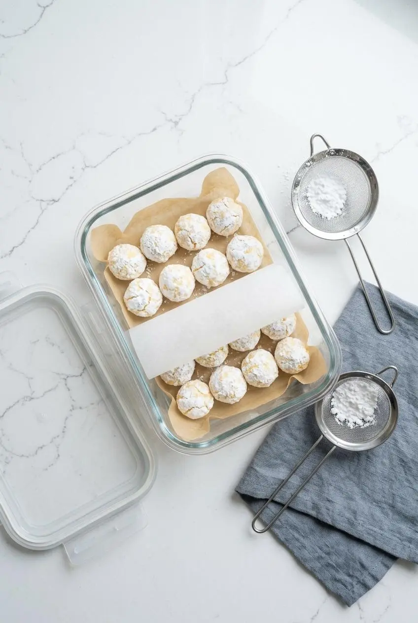 Parchment-lined glass container filled with rows of chilled white chocolate lemon truffles.