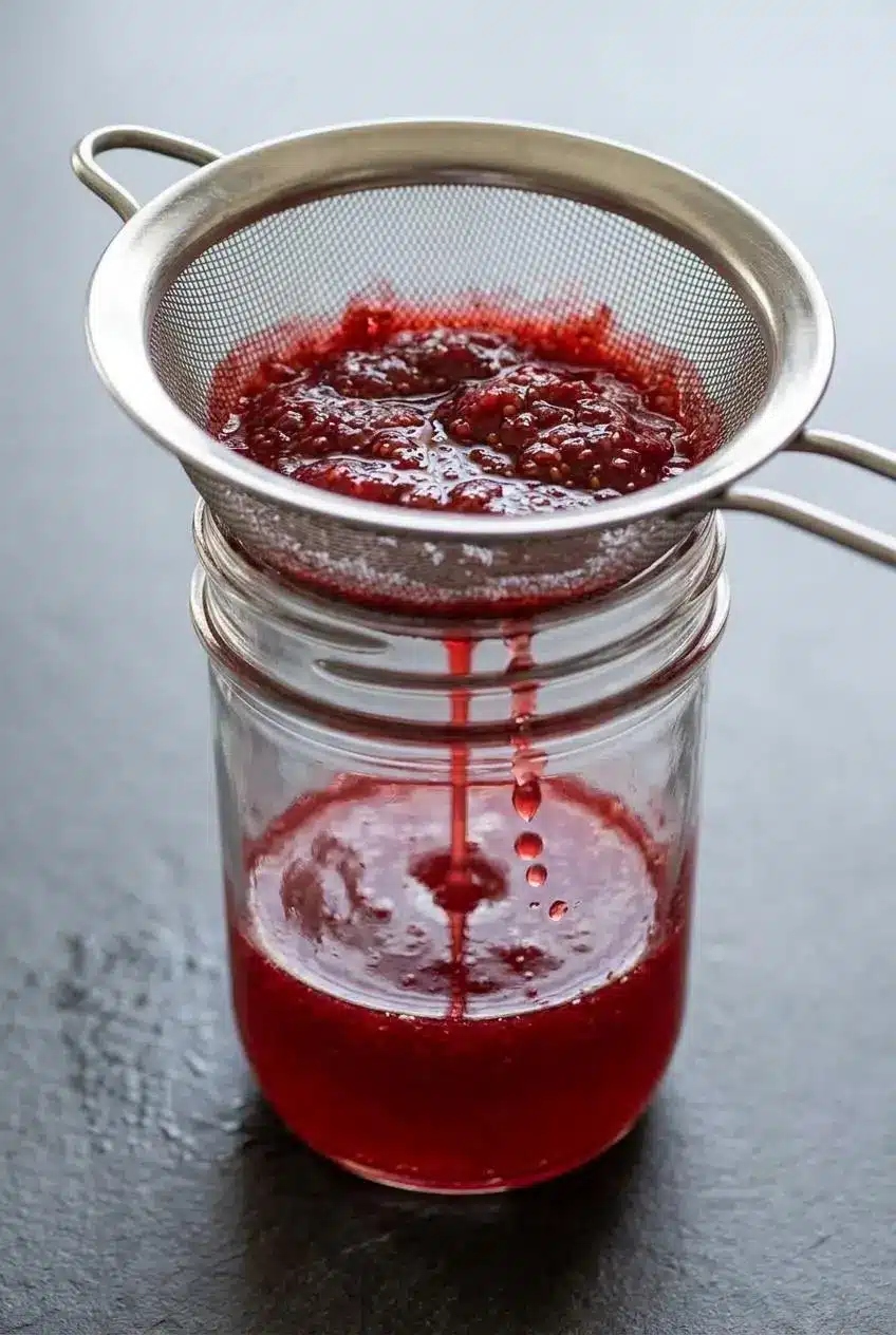 Ruby-red strawberry-raspberry sauce dripping through a fine-mesh strainer into a small glass jar