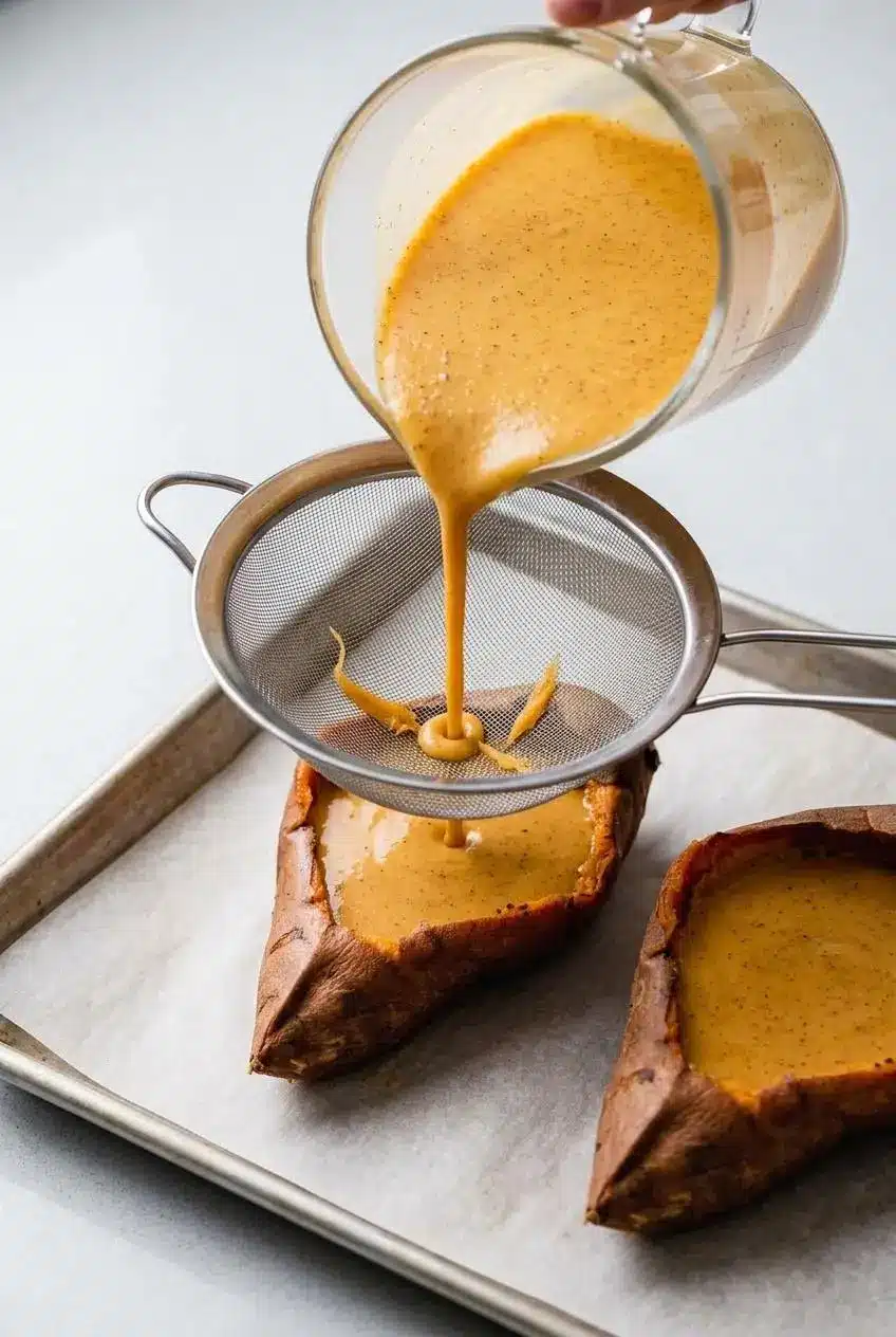 Spiced sweet potato custard being poured through a fine-mesh sieve into hollowed sweet potato shells