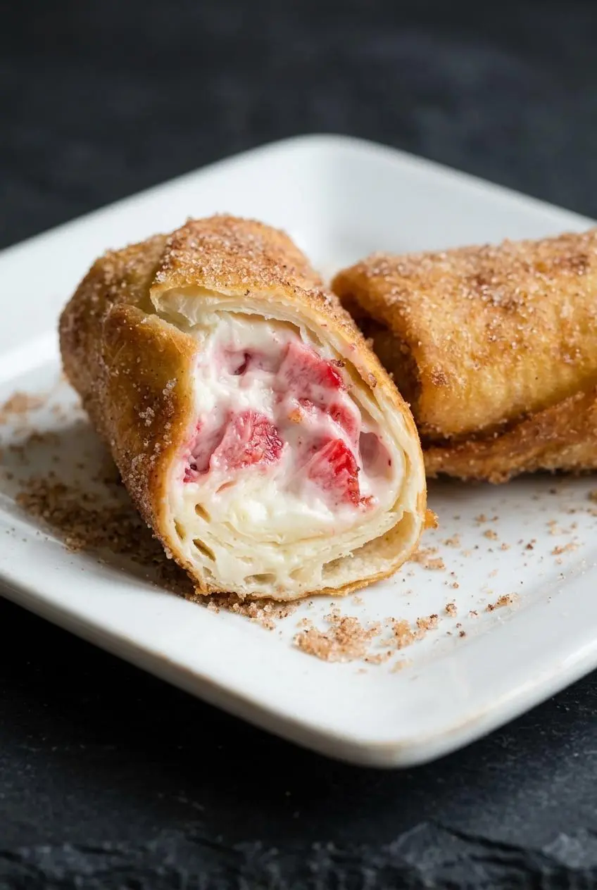 Halved strawberry cheesecake chimichanga showing a smooth cream cheese center, sliced strawberries, and crisp sugar shell