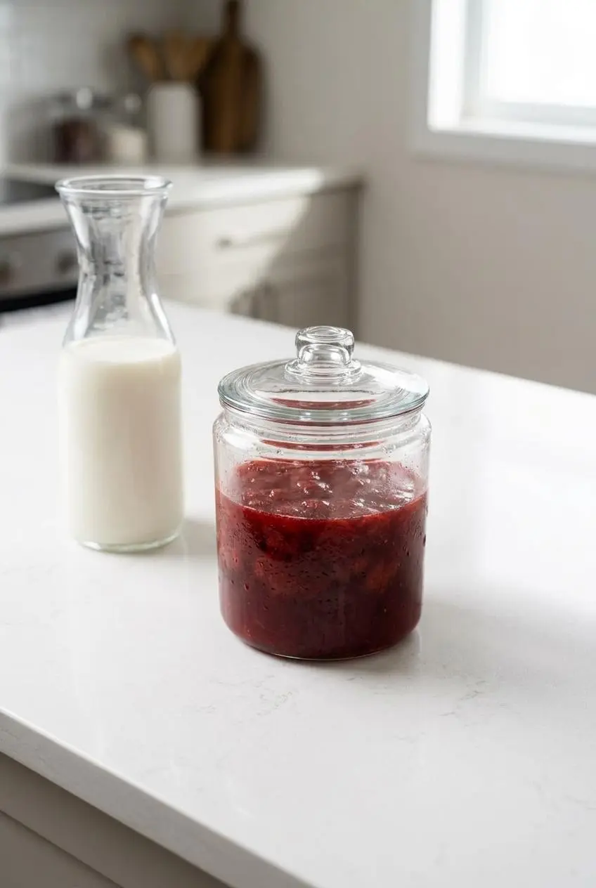 Airtight glass jar filled with chilled strawberry puree placed beside a carafe of cold whole milk.