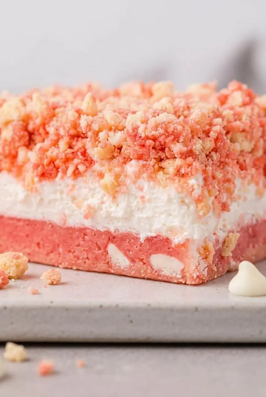 Cross-section of a strawberry crunch brownie showing chewy pink cake, white chocolate pockets, and frosting.