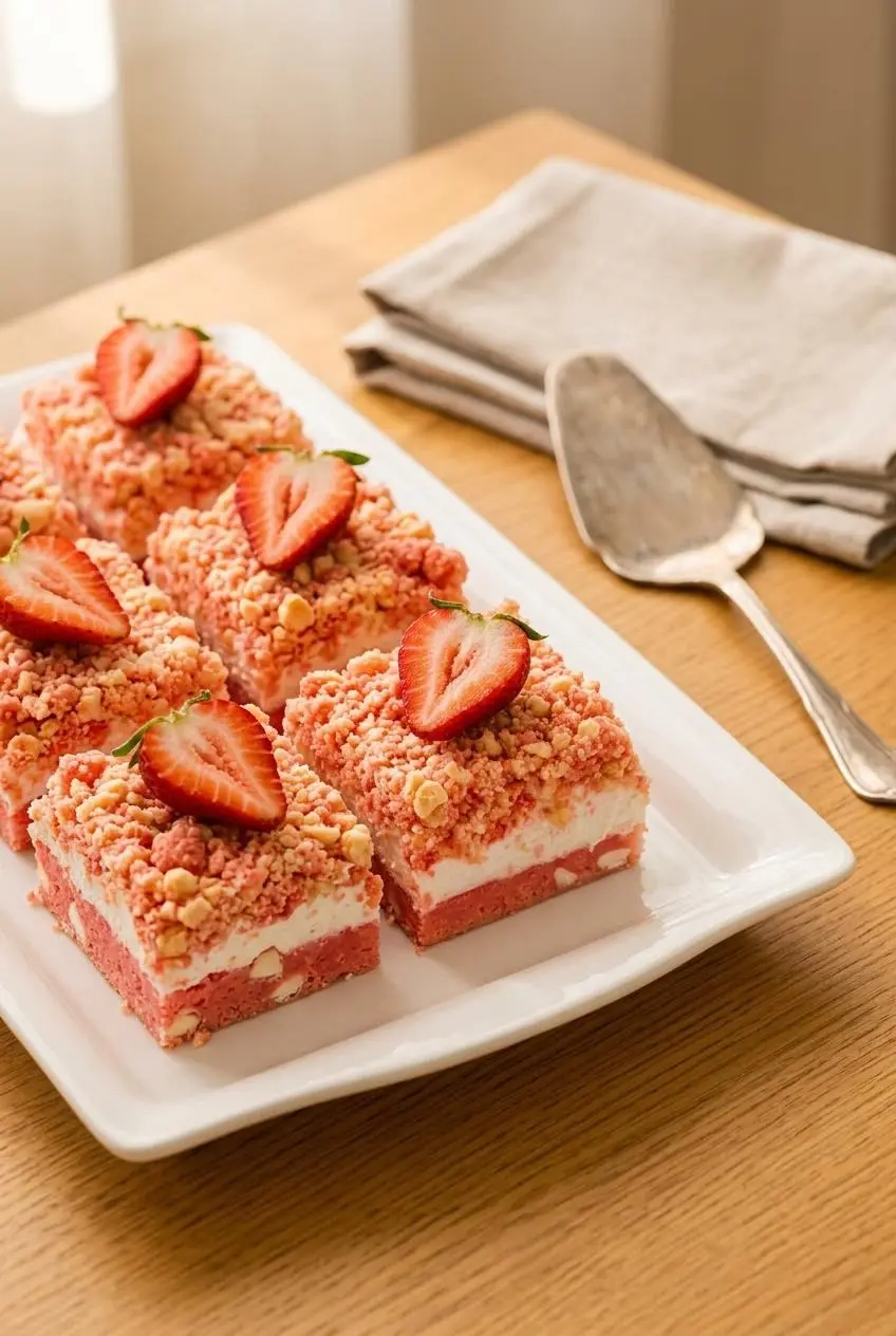 Platter of sliced strawberry crunch brownies garnished with fresh strawberries on a wooden celebration dessert table.