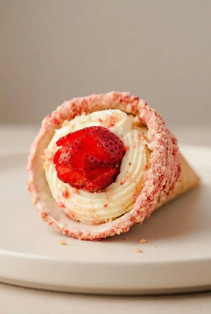 Close-up of a strawberry crunch cheesecake cone showing coarse berry cookie crumbs and a firm vanilla cheesecake swirl.