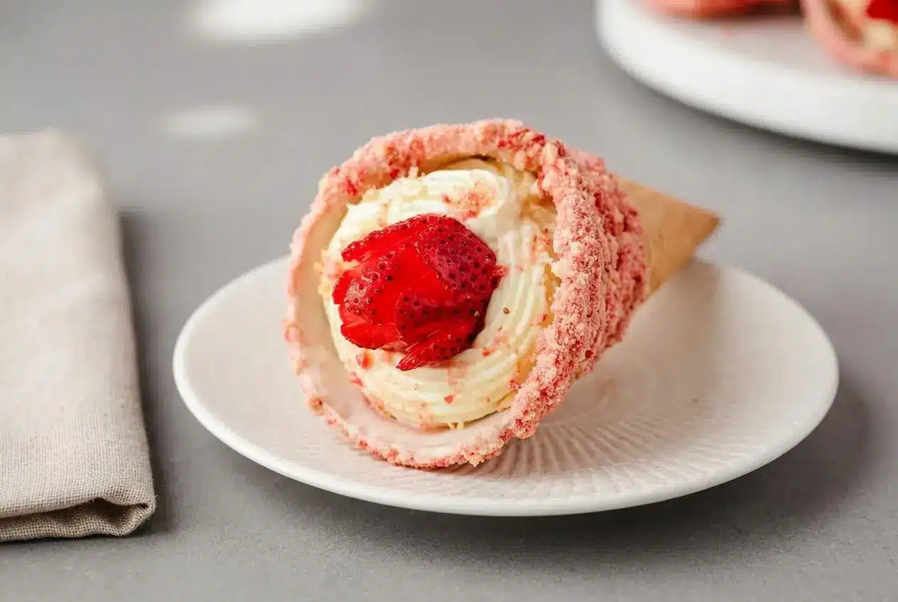 Strawberry crunch cheesecake cones filled with creamy vanilla cheesecake and topped with fresh strawberry roses.
