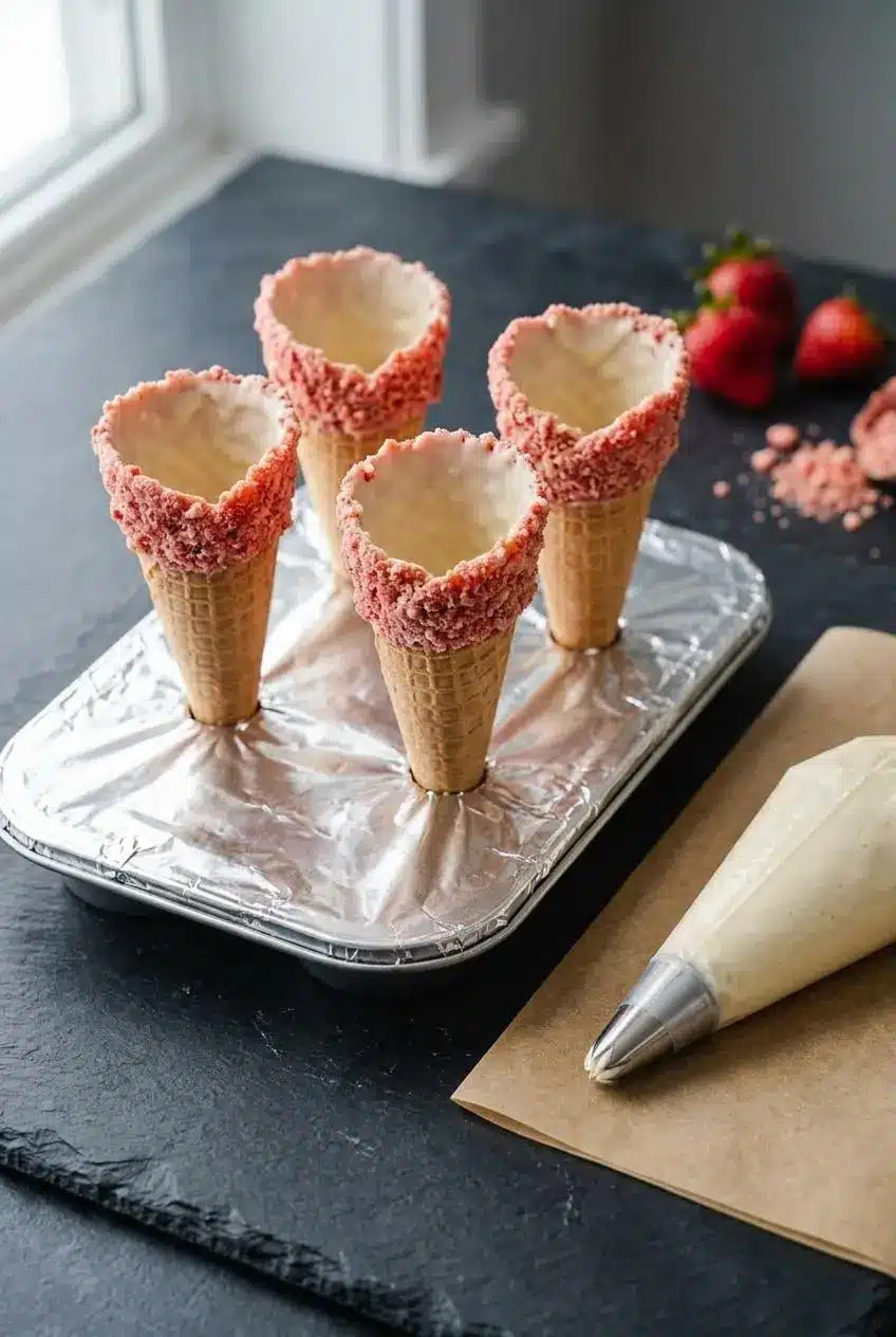 Chocolate-coated waffle cones standing upright in a foil-covered muffin tin next to a piping bag of cheesecake filling.