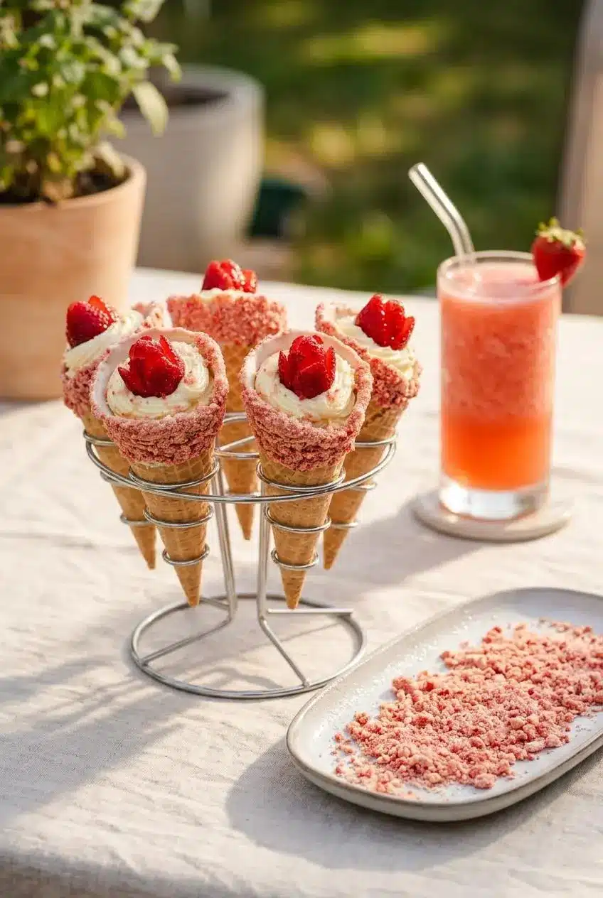 Strawberry crunch cheesecake cones in an upright serving stand beside a crumb-dusted platter on a sunny table.