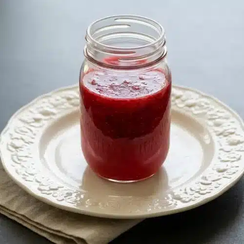 Small glass jar of glossy ruby-red berry sauce for a strawberry lemonade concentrate canning guide