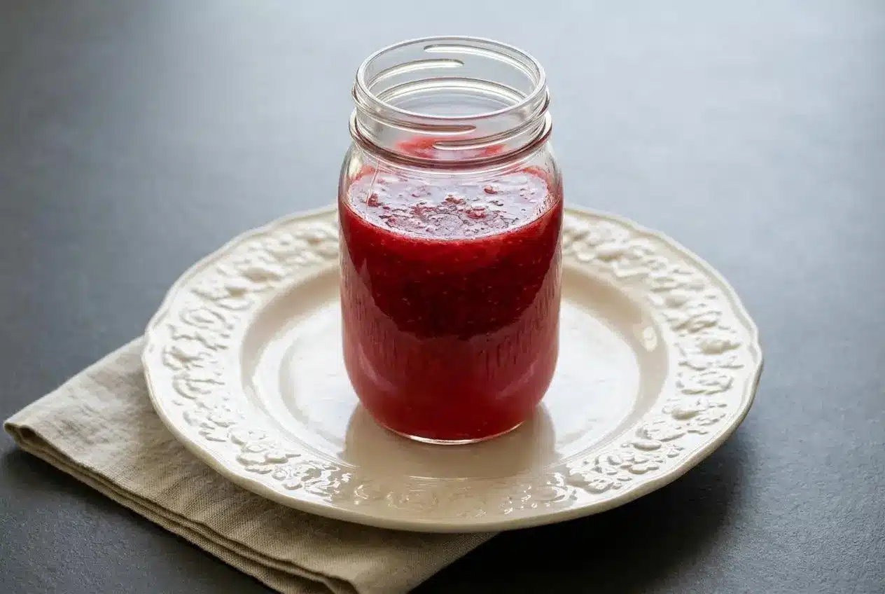 Small glass jar of glossy ruby-red berry sauce for a strawberry lemonade concentrate canning guide
