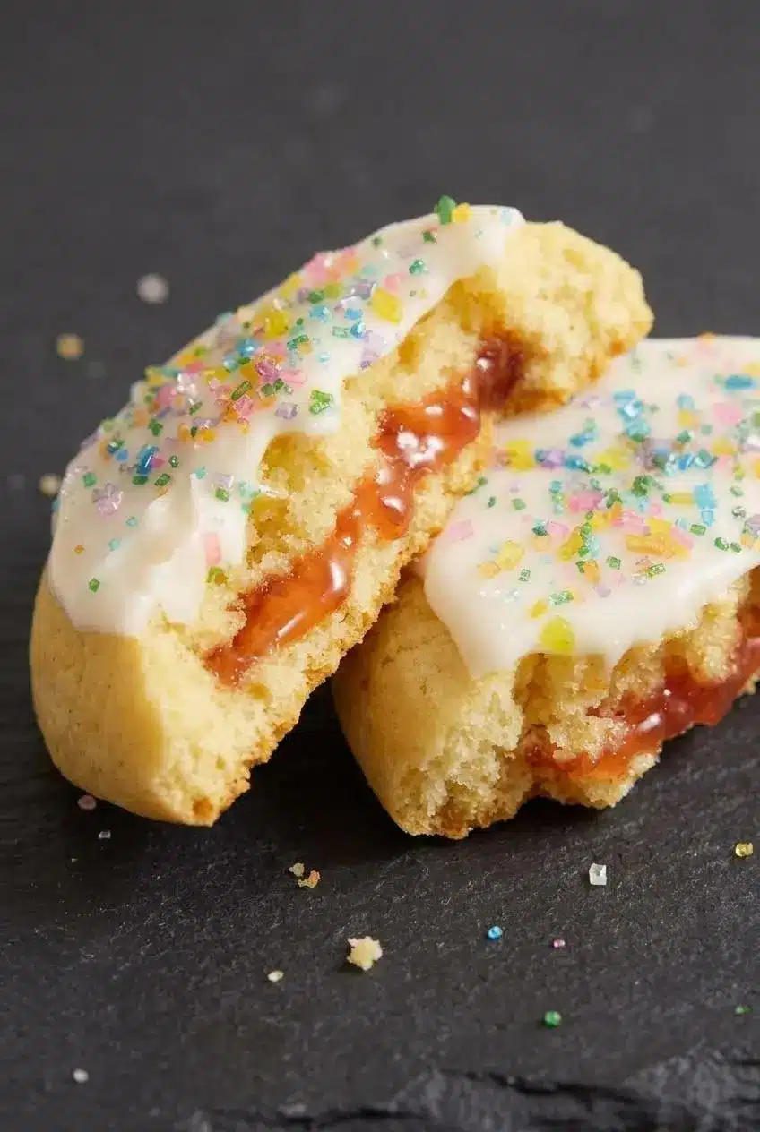 Strawberry pop tart cookie broken in half showing tender pale crumb and glossy sealed strawberry jam center