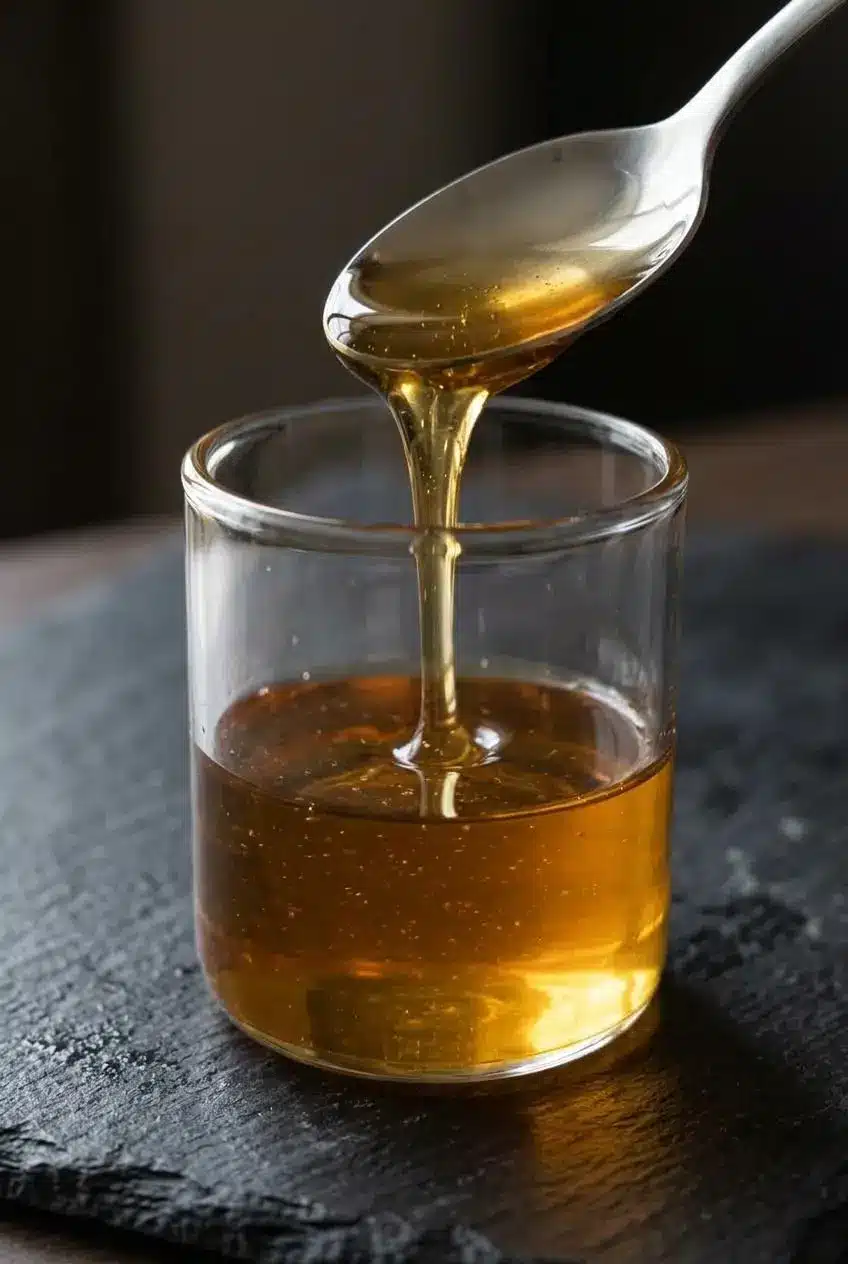 Close-up of clear golden coffee syrup pouring smoothly from a stainless steel spoon into a glass jar
