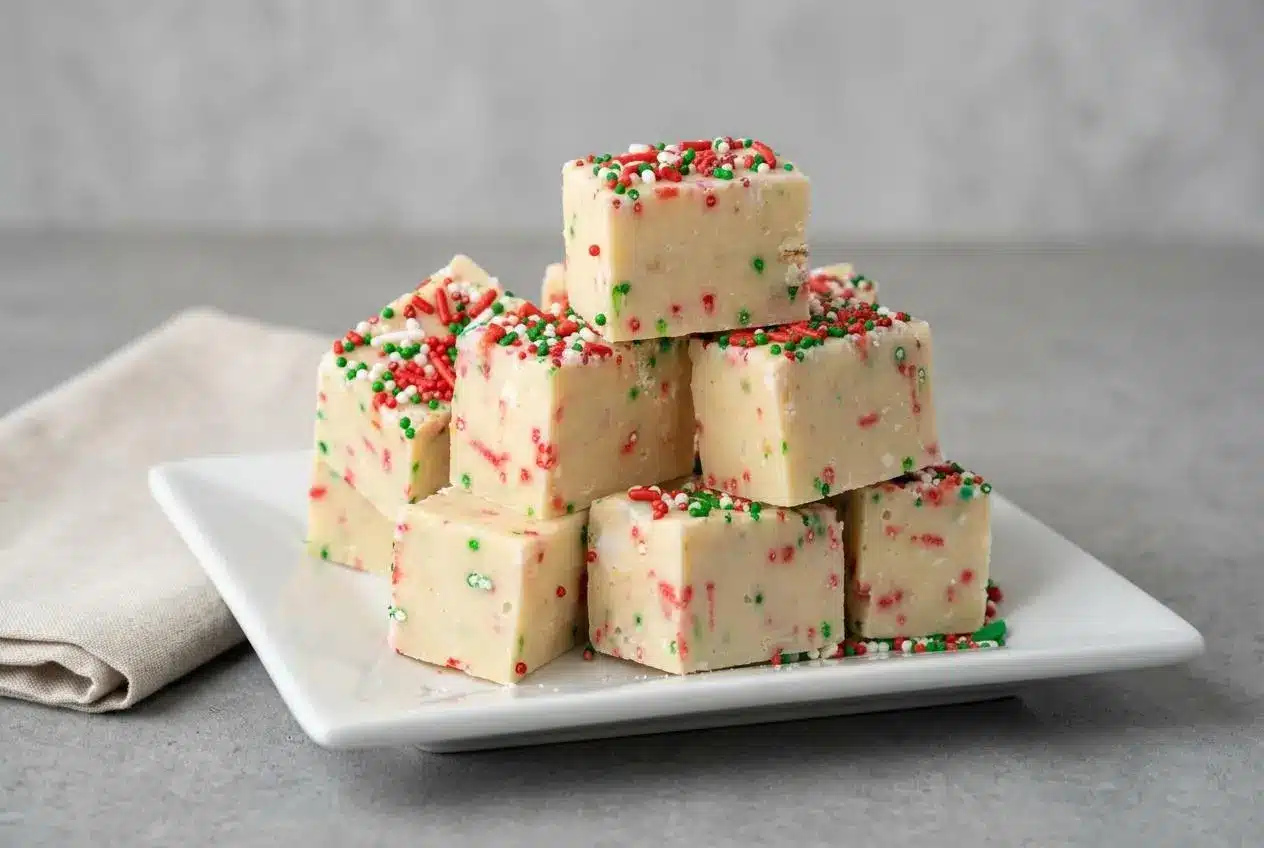 Square slices of creamy sugar cookie fudge topped with festive holiday sprinkles on a dessert plate.